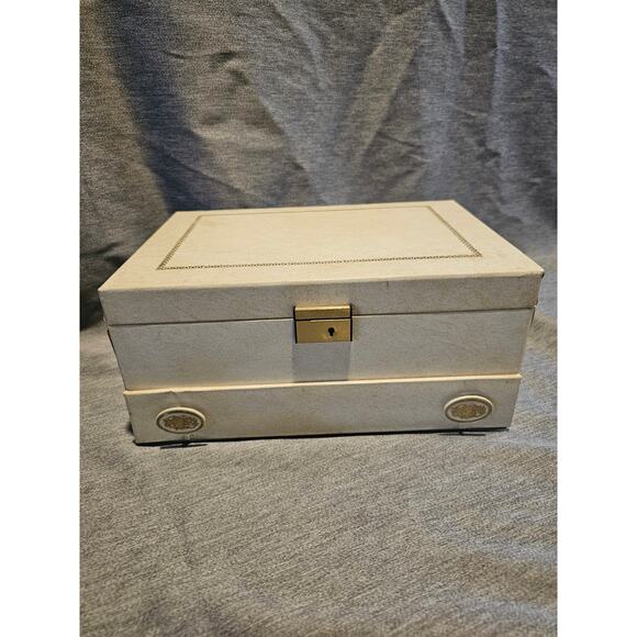 60s Vtg MCM Large Cream Gold Color Princess Gardner Jewelry Box Red Velvet Satin - Picture 1 of 11